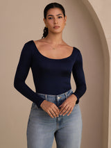 [Dunkelblau] SilkSilky-DE Long Sleeve U Ausschnitt T-Shirt 003