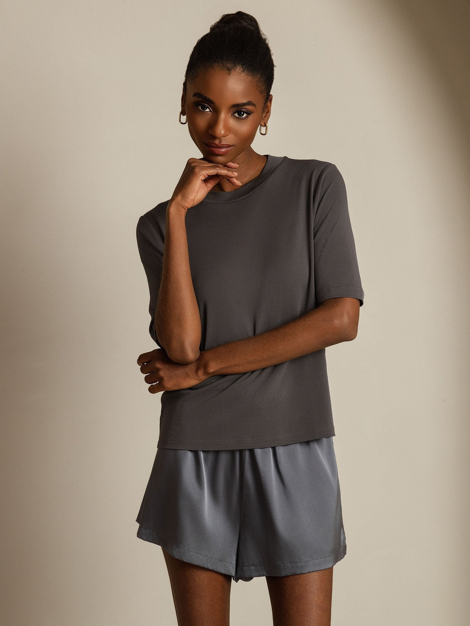 [Grau] SilkSilky-DE Reine Seide Womens T-Shirt 005