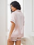 SilkSilky-DE Reine Seide Kurzärmelig Revers Damen Pyjamas Rosa 002