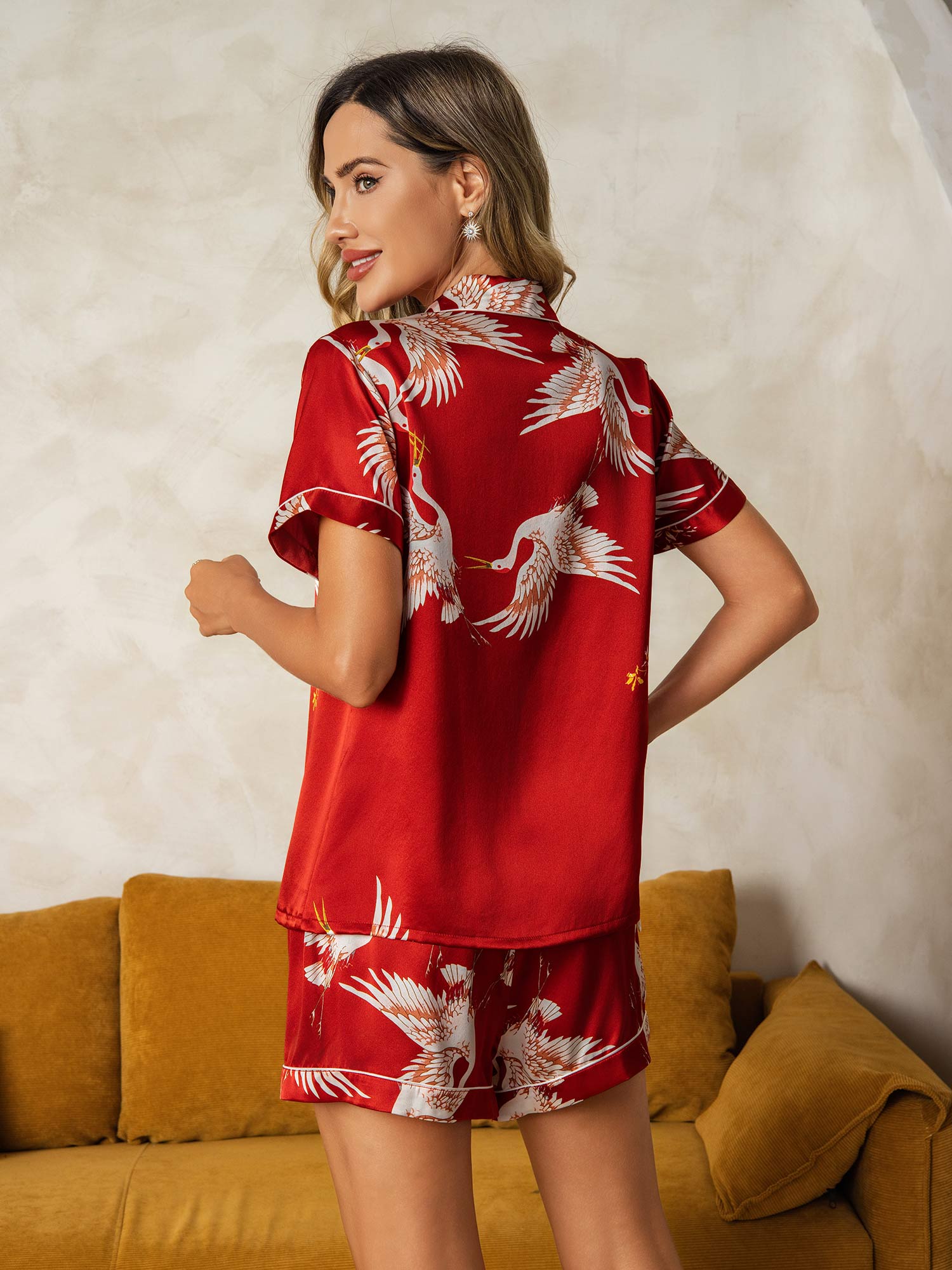 [Dunkelrot] SilkSilky-DE 19Momme Reine Seide Kurzärmelig Womens Pajamas 003