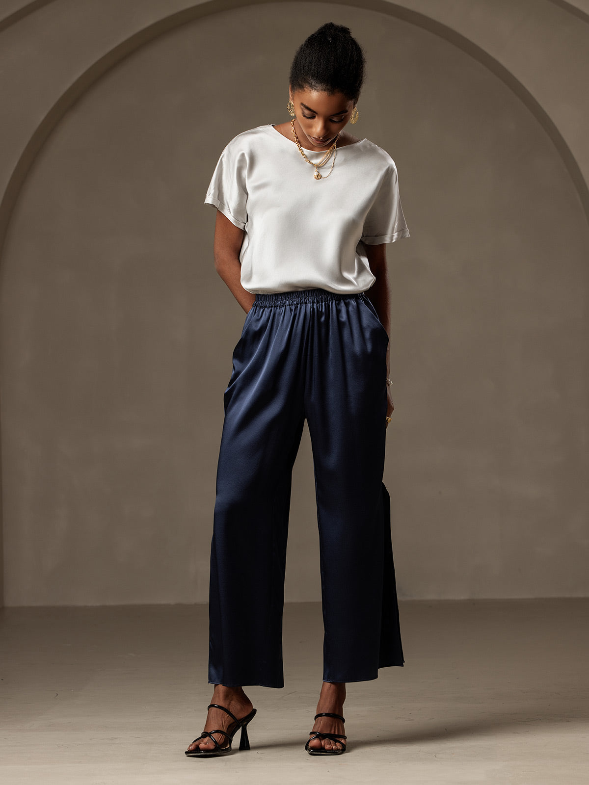 [Dunkelblau] SilkSilky-DE 19Momme Seide Womens Pants 005
