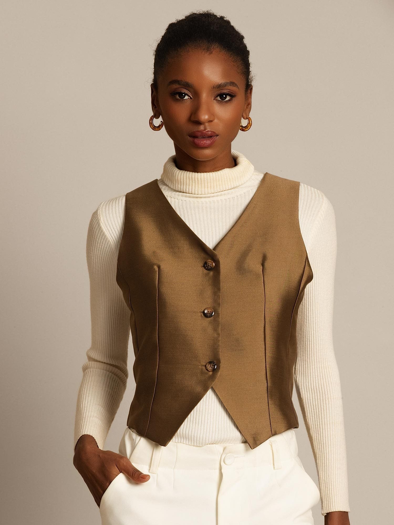 [Schwarz] SilkSilky-DE 32Momme Silk-Wool Blend V Ausschnitt Damenweste 001,