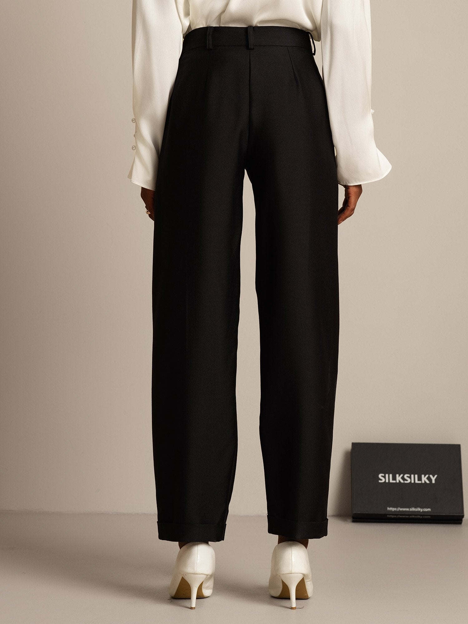 [Schwarz] SilkSilky-DE 32Momme Silk-Wool Blend Womens Pants 002,