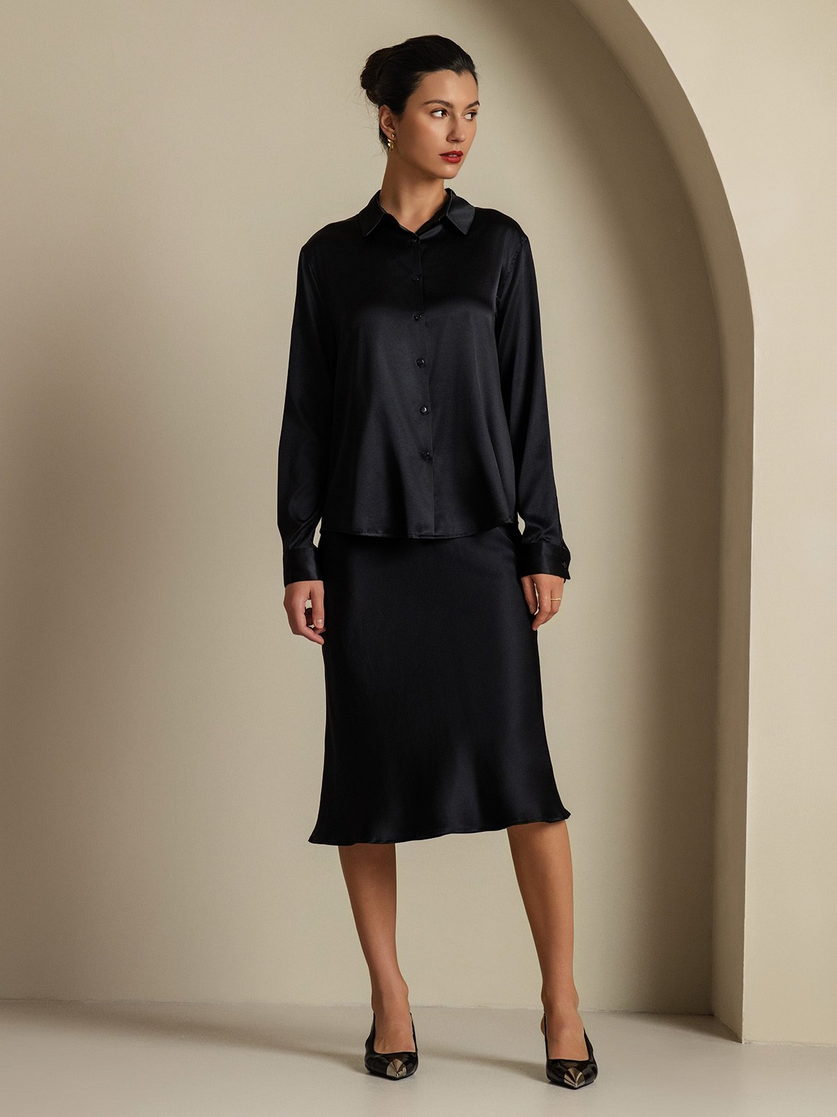 [Schwarz] SilkSilky-DE 19Momme Seidenstrick Umlegekragen Women''s Outfit Sets 006,