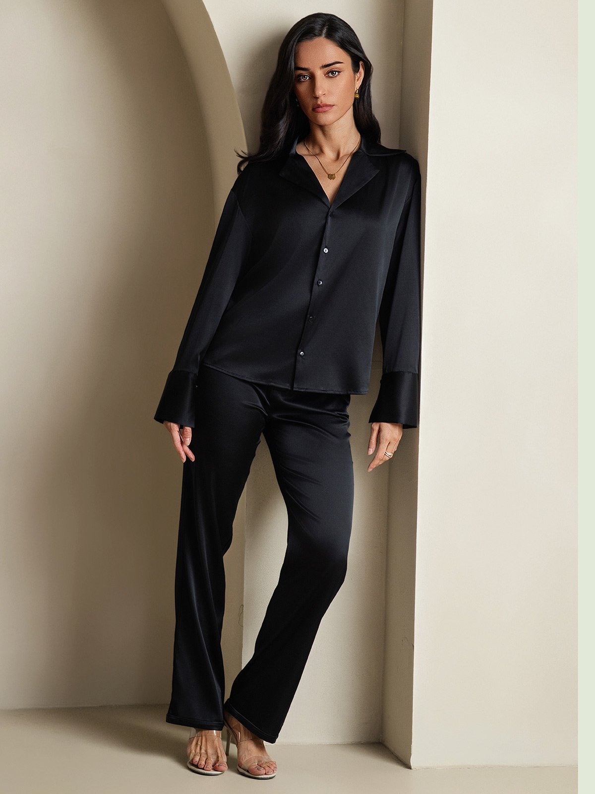 [Schwarz] SilkSilky-DE 19Momme Seide Womens Shirt 008