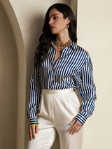 [Marine Streifen] SilkSilky-DE Long Sleeve Lapel Collar Damenhemd 005