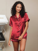 [Rotwein] SilkSilky-DE Short Sleeve Notch-Kragen Damen Pyjamas 003