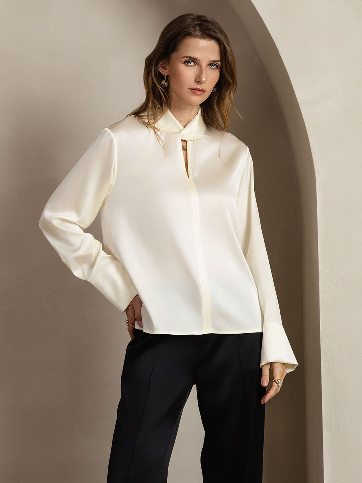 [Elfenbeinfarbe] SilkSilky-DE 19Momme Seide Womens Shirt 008