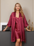 SilkSilky DE Reine Seide 3/4 lange Ärmel Nightgown&Robe Set Rotwein 005