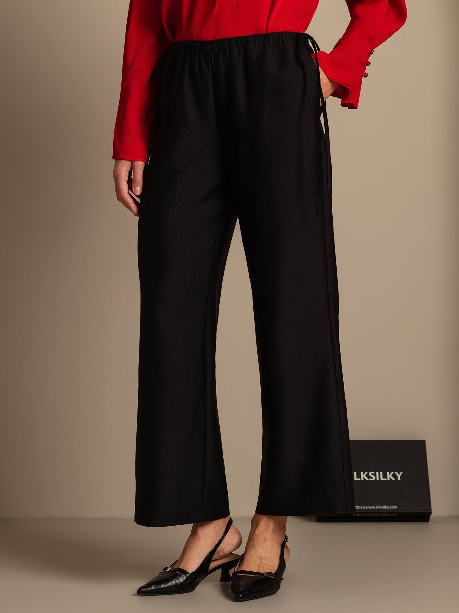 [Schwarz] SilkSilky-DE 32Momme Silk-Wool Blend Womens Pants 003,