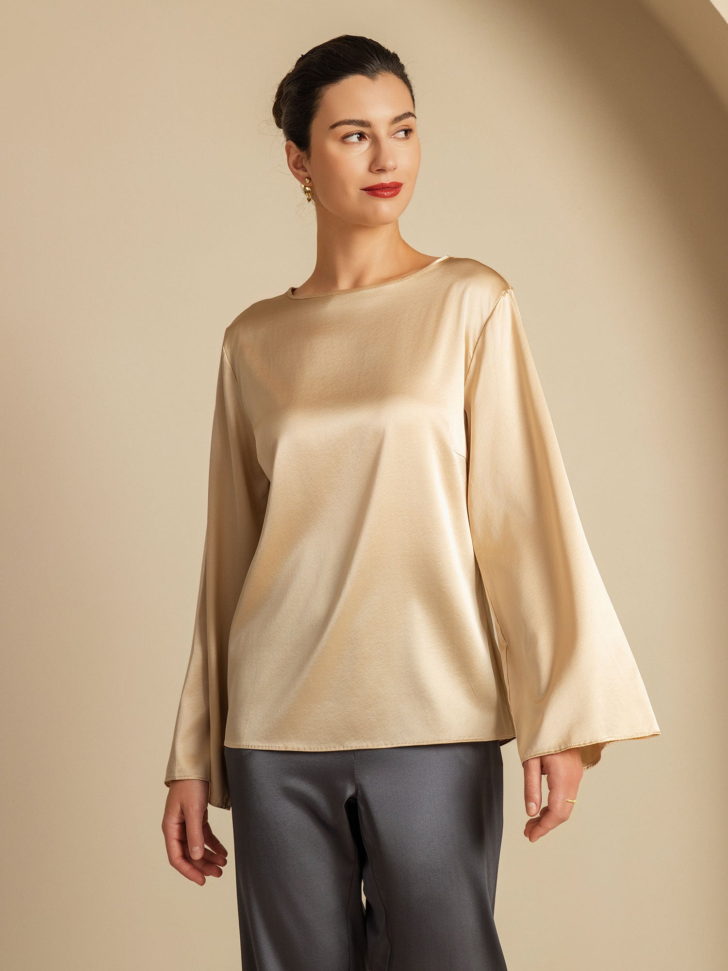 [Champagner] SilkSilky-DE 19Momme Seide Womens T-Shirt 004