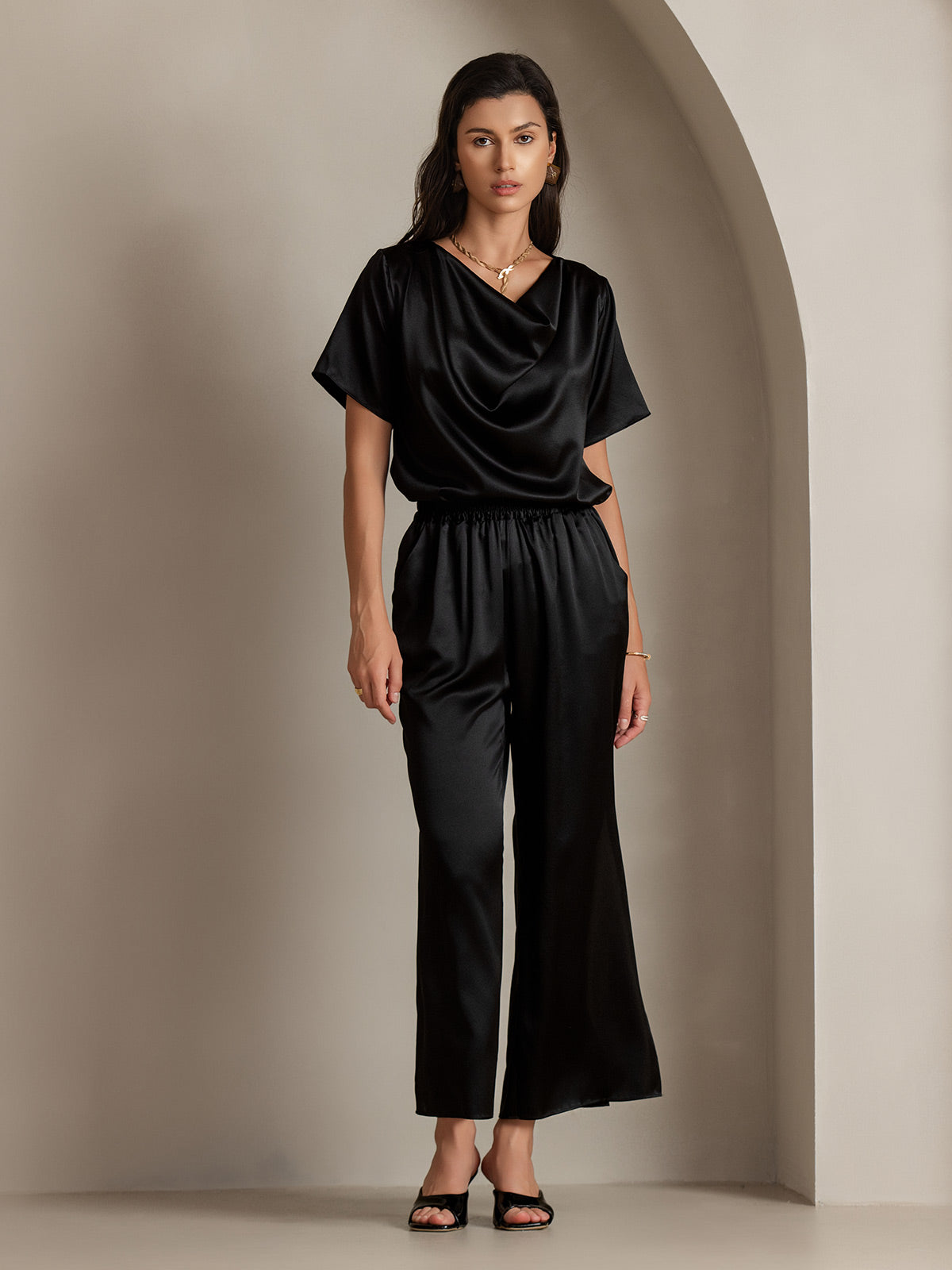 [Schwarz] SilkSilky-DE 19Momme Seide Womens T-Shirt 006
