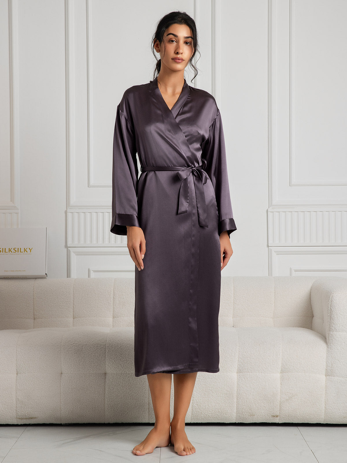 [Lila Grau] SilkSilky-DE Reine Seide Womens Robe 001