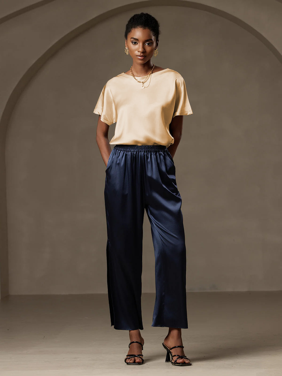 [Champagner] SilkSilky-DE 19Momme Seide Womens T-Shirt 005