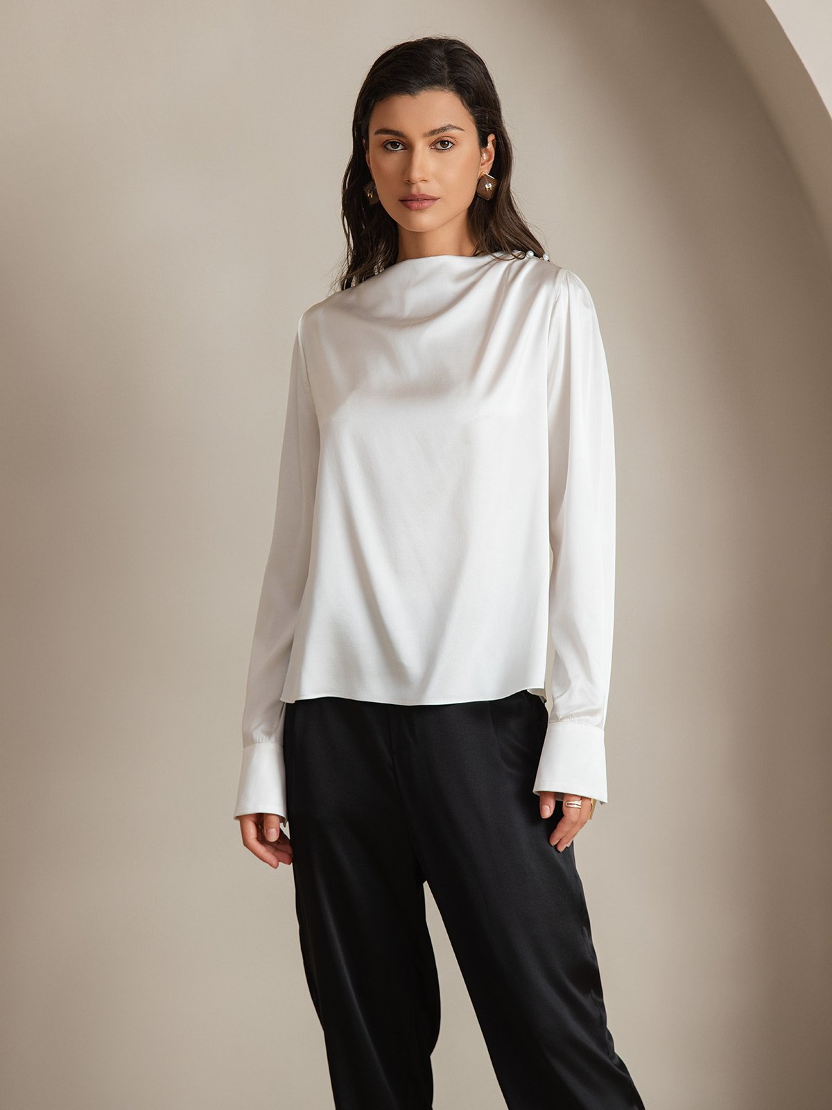[Weiß] SilkSilky-DE 19Momme Seide Womens Shirt 001