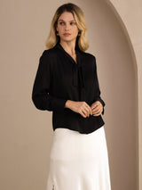 [Schwarz] SilkSilky-DE Long Sleeve Tie Neck Damenblusen 003
