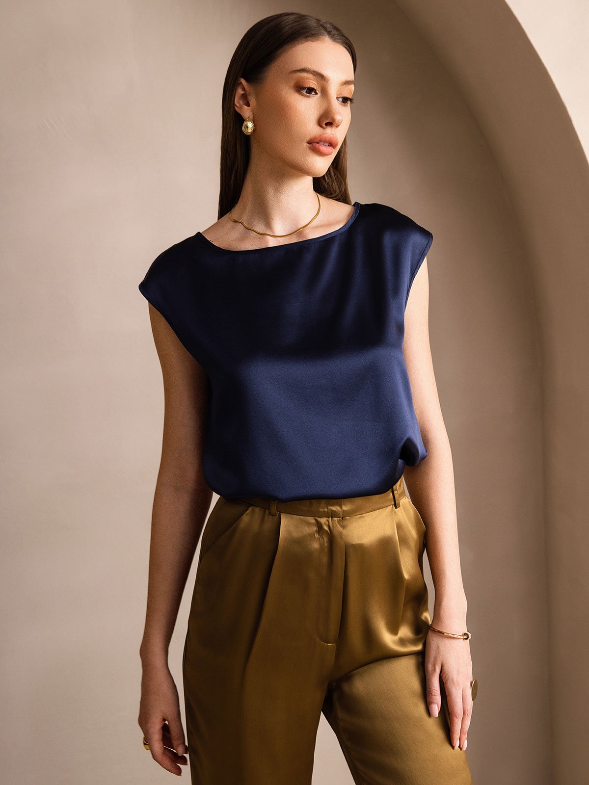 [Dunkelblau] SilkSilky-DE 19Momme Seide Womens T-Shirt 001