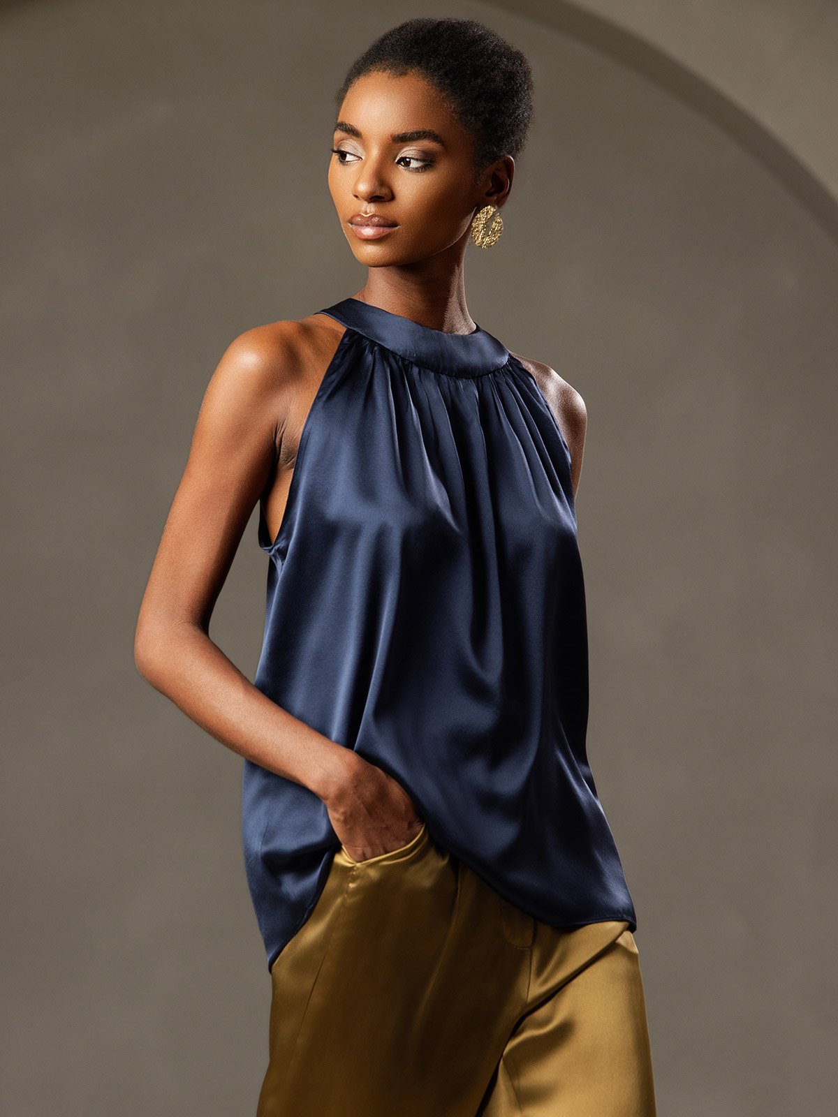 [Dunkelblau] SilkSilky-DE 19Momme Seide Ärmellos Womens T-Shirt 001