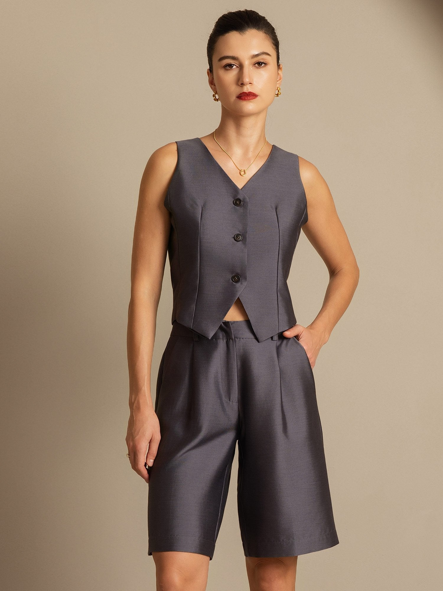 [Bronze] SilkSilky-DE 32Momme Silk-Wool Blend V Ausschnitt Damenweste 006,