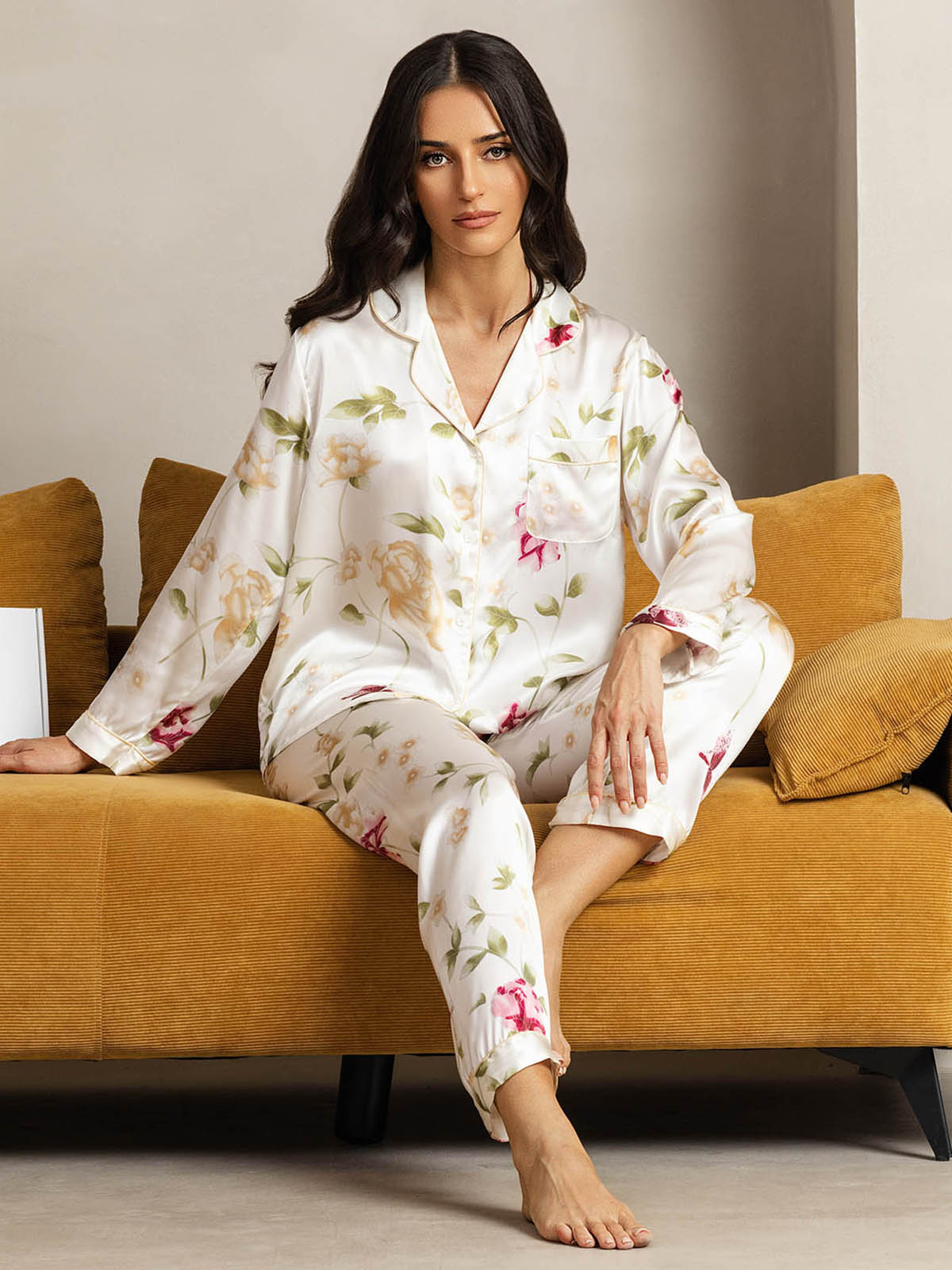 [Elfenbeinblumen] SilkSilky-DE Reine Seide Womens Pajamas 004