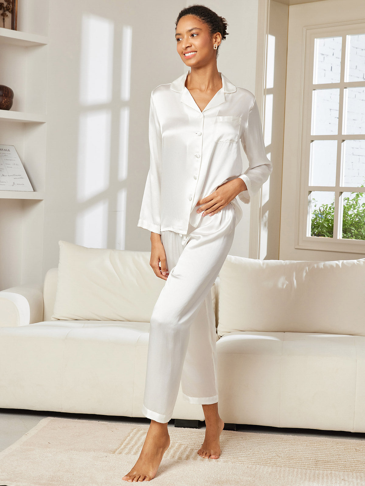 [Weiß] SilkSilky-DE Reine Seide Womens Pajamas 004