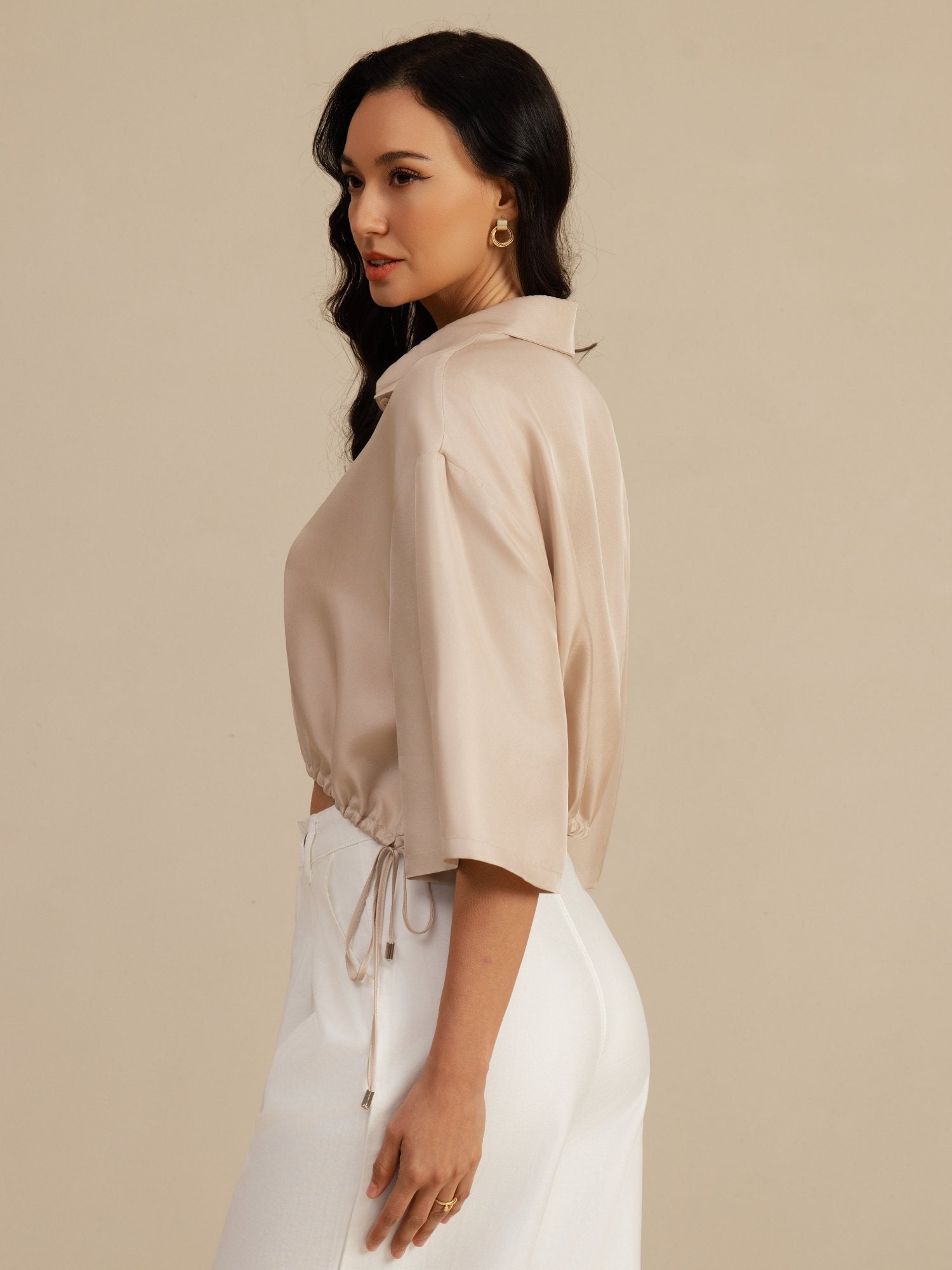 [Tan] SilkSilky-DE 18Momme Halblange Ärmel Lapelkragen Bluse 003