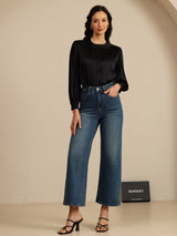 [Schwarz] SilkSilky-DE 19Momme Long Sleeve Round Neck Bluse 007