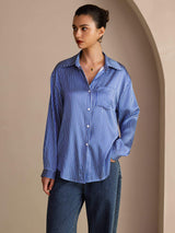 [Blaues Nadelstreifen] SilkSilky-DE Long Sleeve Lapel Collar Damenhemd 004