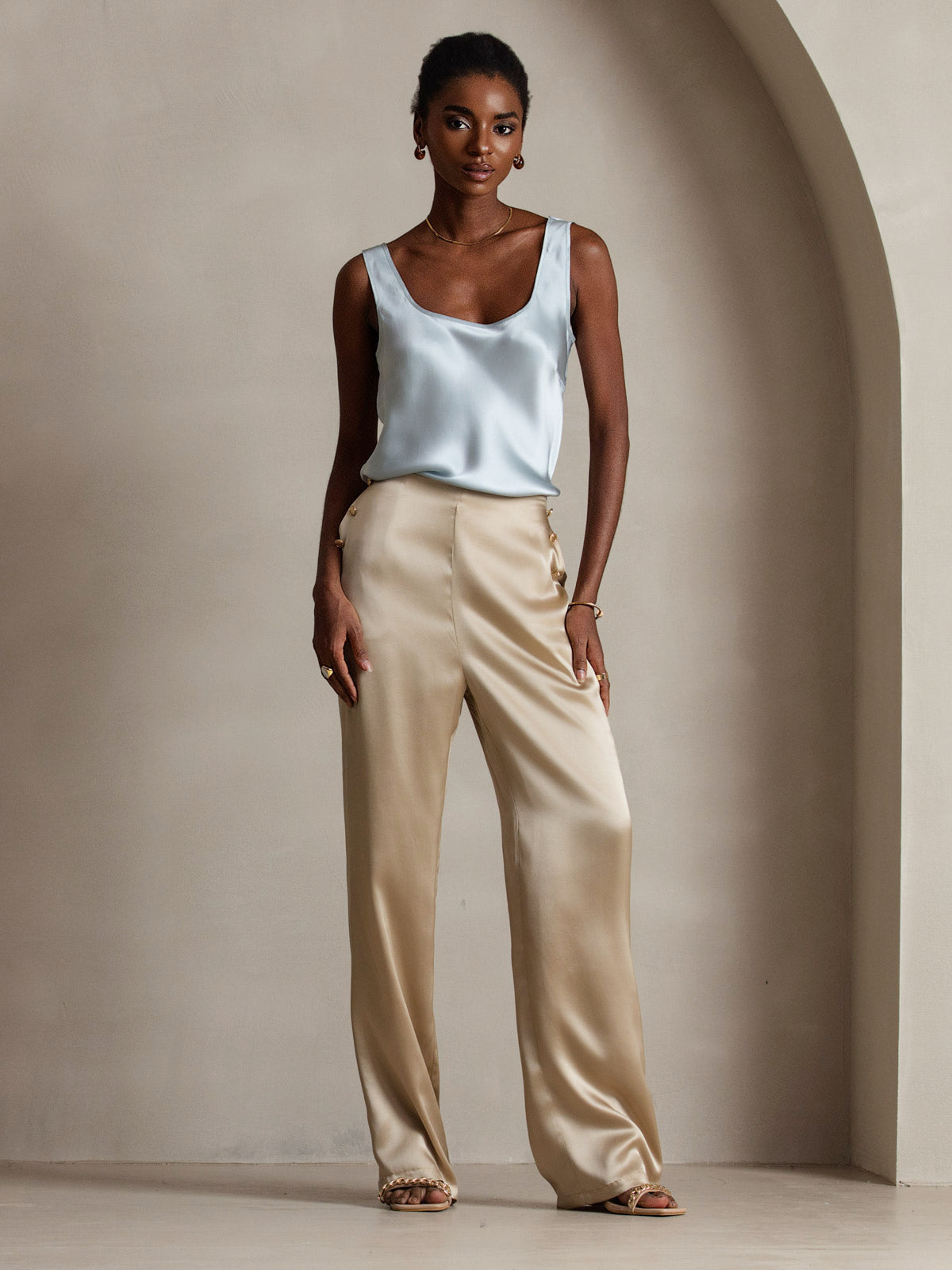 [Hellblau] SilkSilky-DE 19Momme Ärmellos Tiefer Rundhalsausschnitt Cami Top 007