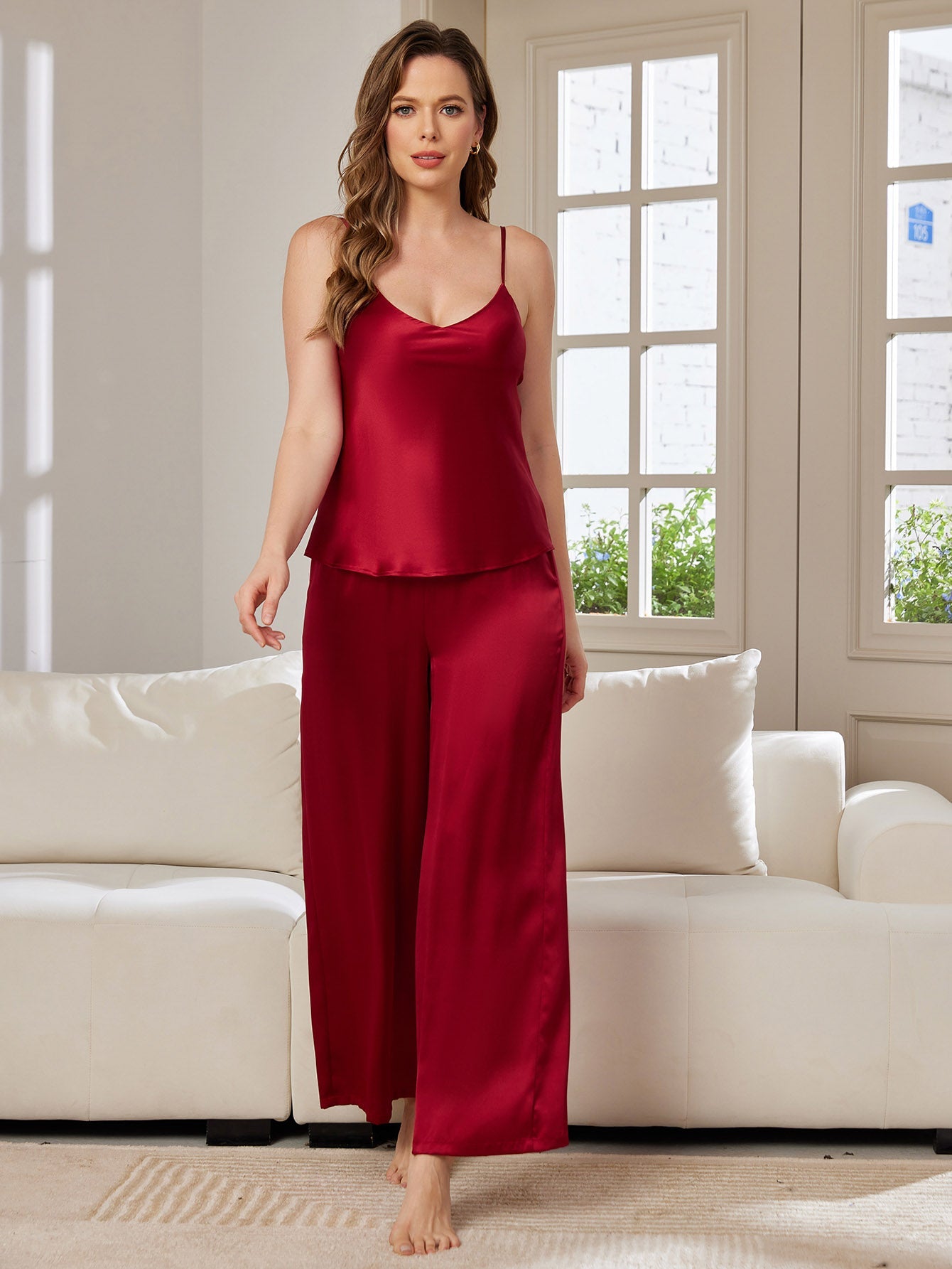 [Rotwein] SilkSilky-DE Reine Seide V Ausschnitt Camisole-Set 001