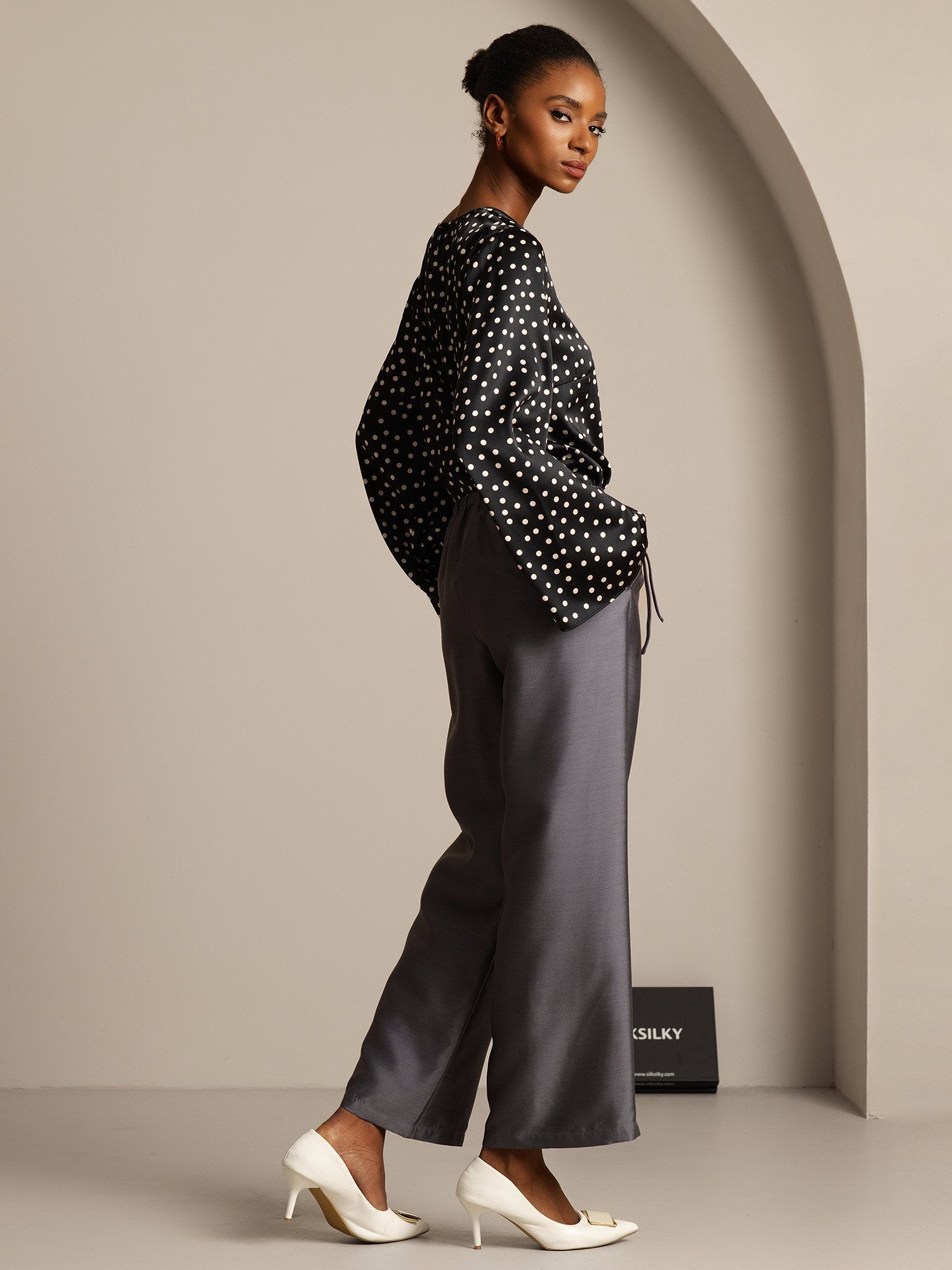 [Grau] SilkSilky-DE 32Momme Silk-Wool Blend Womens Pants 007,