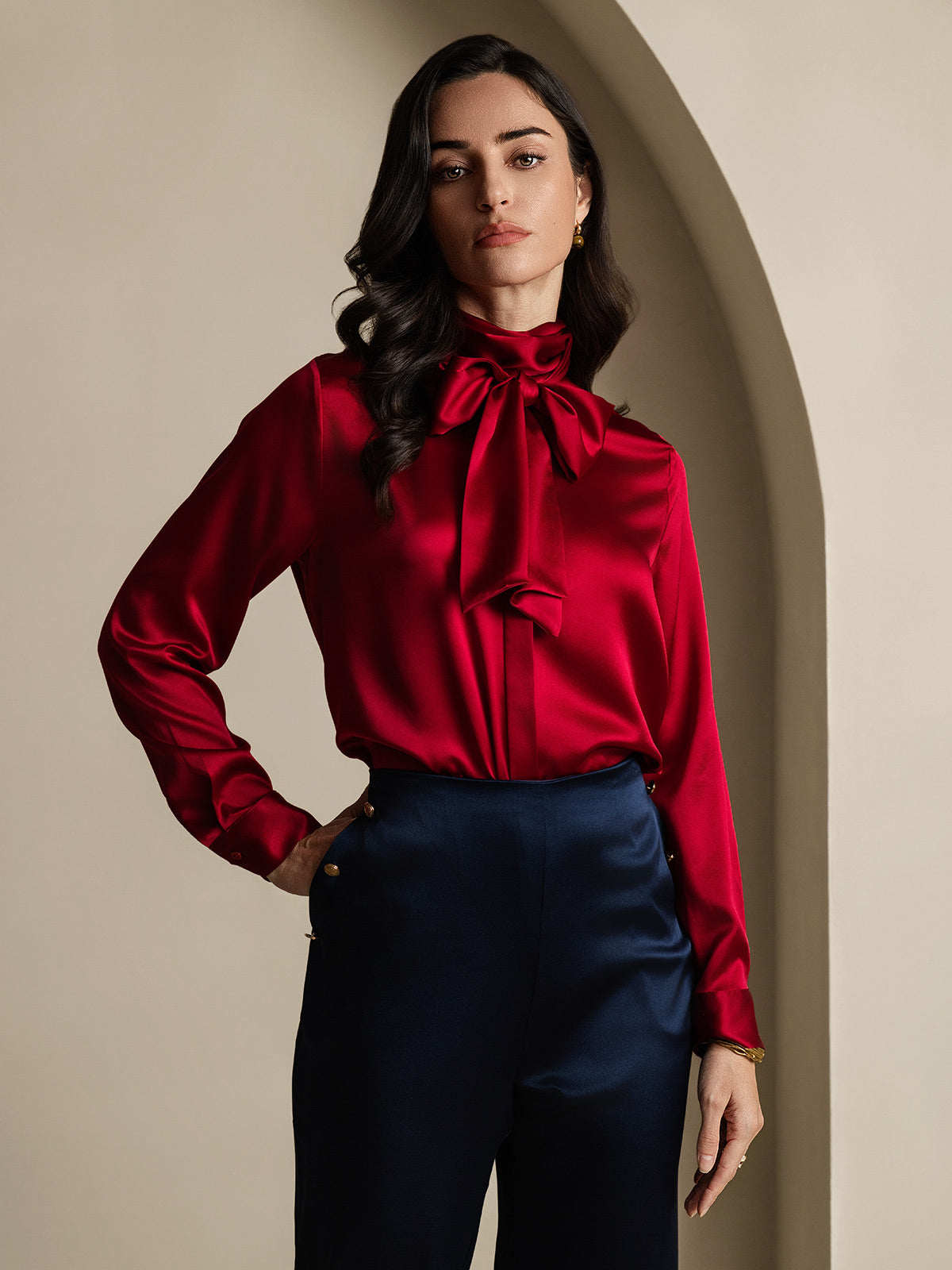 [Rotwein] SilkSilky-DE 19Momme Seide Langärmelig Blouse 004