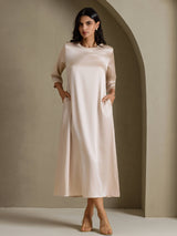 [Beige] SilkSilky-DE 3/4 Sleeve Round Neck Kleider 001