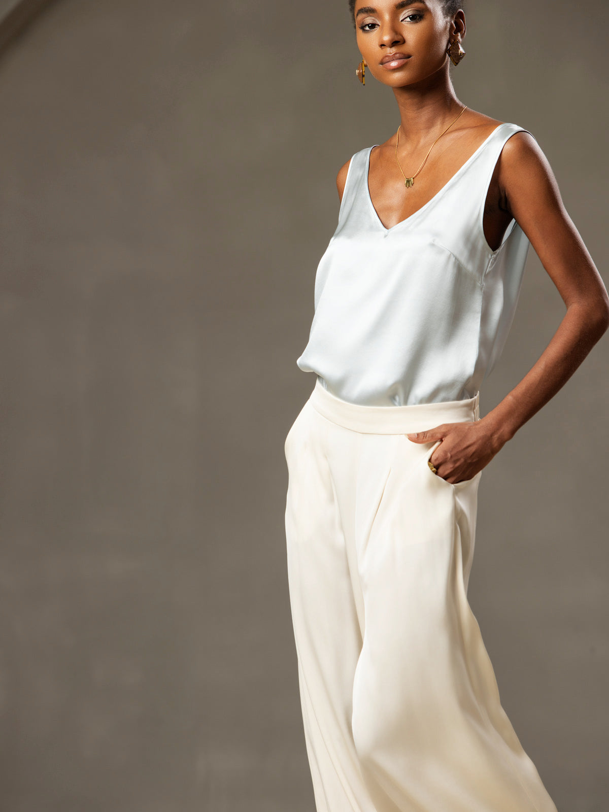 [Hellblau] SilkSilky-DE Reine Seide Ärmellos V Ausschnitt Cami Top 007