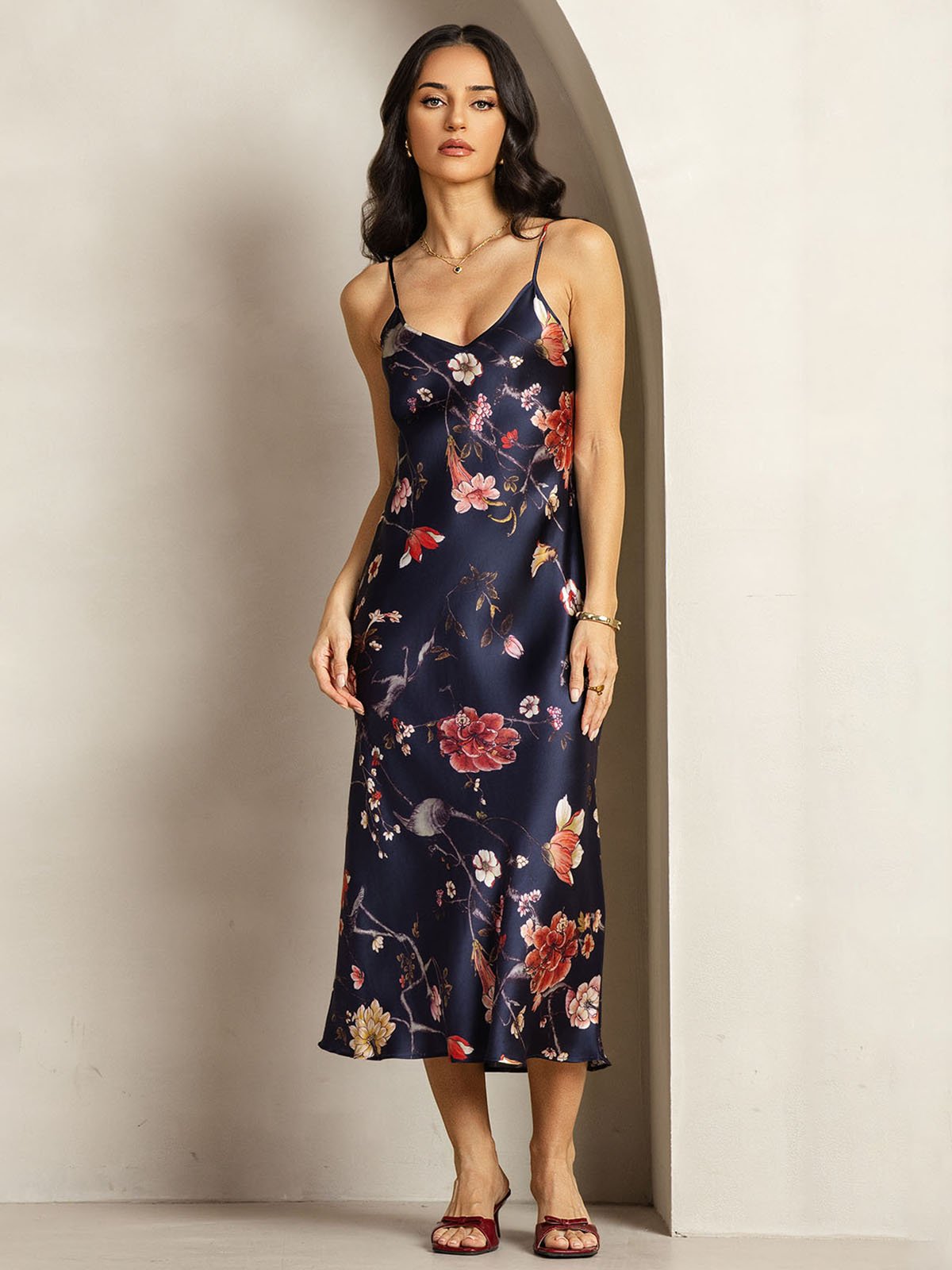 [MarineBlumen] SilkSilky-DE 19Momme Seide V Ausschnitt Kleider 001