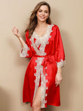 SilkSilky DE Reine Seide 3/4 lange Ärmel Nightgown&Robe Set Rot 004