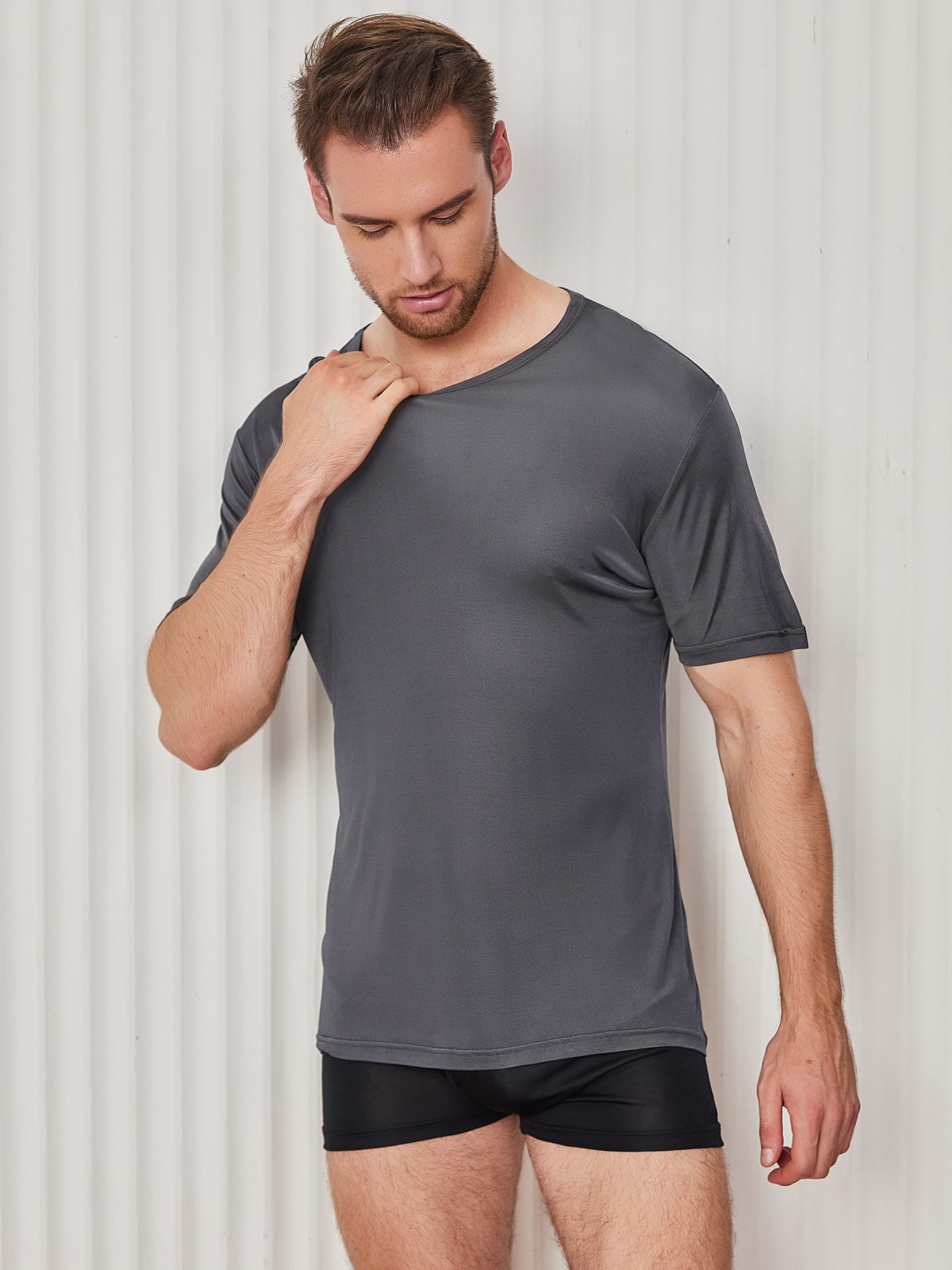 [Dunkelgrau] SilkSilky-DE Seidenstrick Kurzärmelig Rundkragen Herren T-Shirt 003