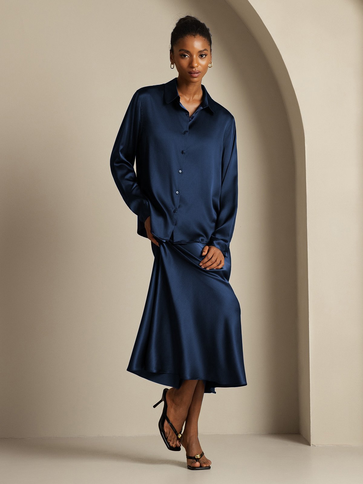 [Dunkelblau] SilkSilky-DE 19Momme Seidenstrick Umlegekragen Women''s Outfit Sets 003,