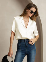 [Elfenbeinfarbe] SilkSilky-DE Short Sleeve Lapel Collar Damenhemd 006