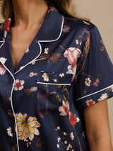 [Marine Blumen] SilkSilky-DE Kurzärmelig Notch-Kragen Damen Pyjamas 004