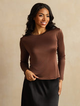 [Kaffee] SilkSilky-DE Long Sleeve Crew-Ausschnitt T-Shirt 001