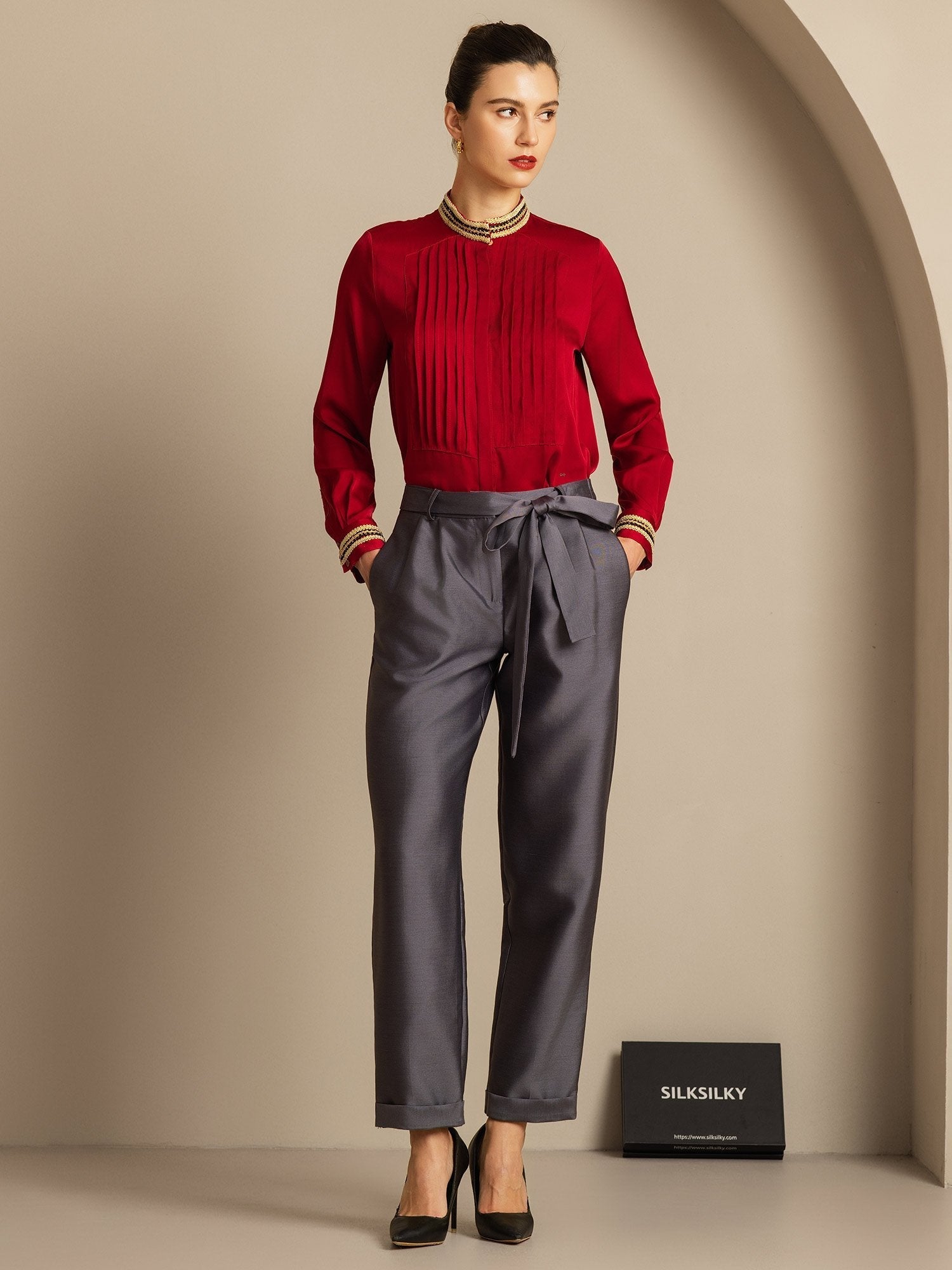 [Grau] SilkSilky-DE 32Momme Silk-Wool Blend Womens Pants 008,