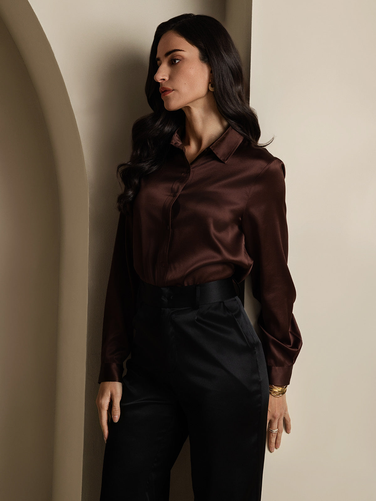 SilkSilky-DE 19Momme Seide Langärmelig Umlegekragen Damenhemd Kaffee 009
