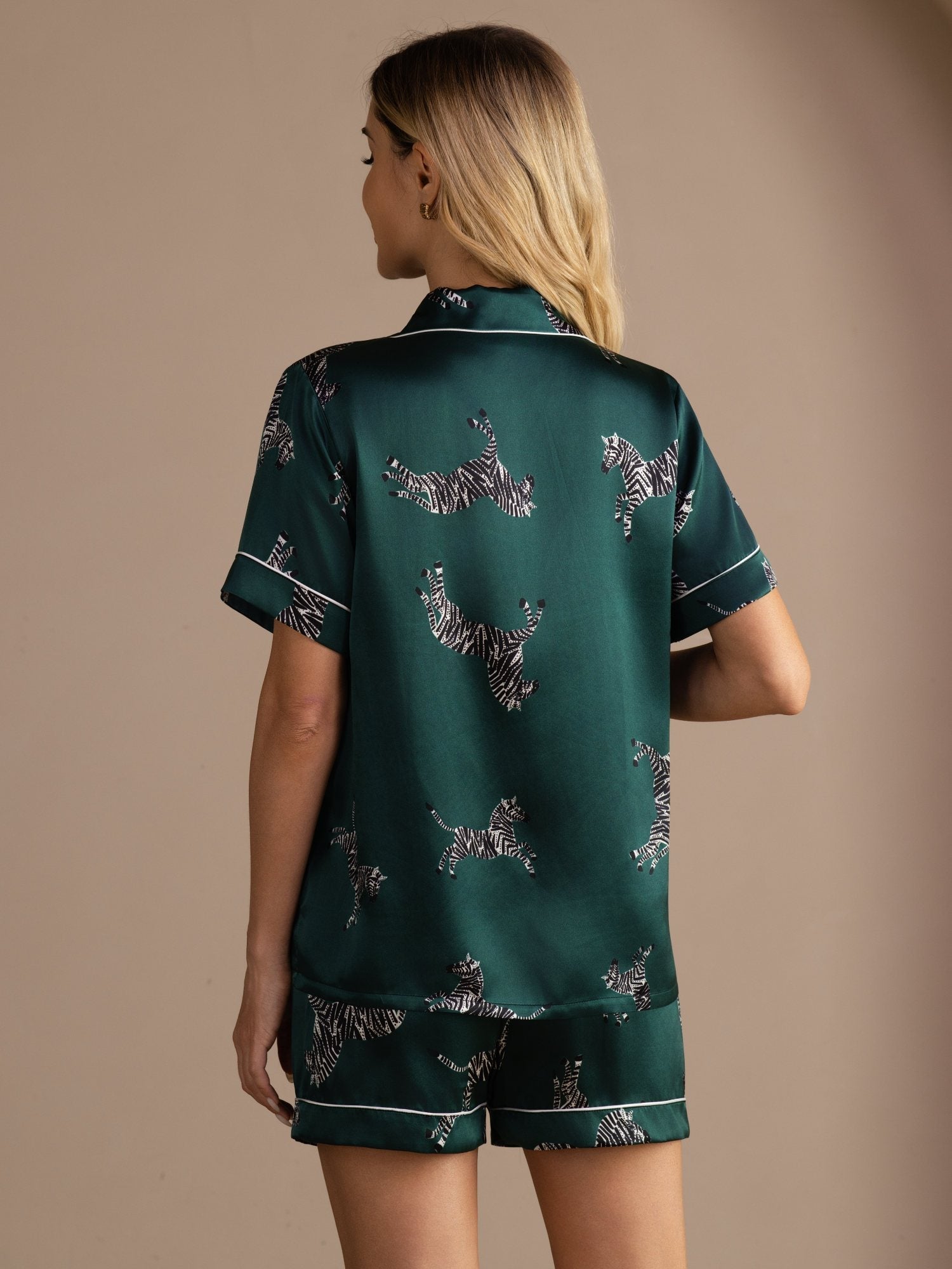 [Smaragd Zebra] SilkSilky-DE Short Sleeve Lapel Collar Damen Pyjamas 002