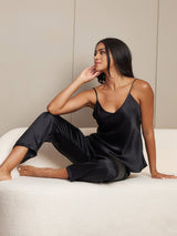[Schwarz] SilkSilky-DE Spaghettiträger V Ausschnitt Camisole-Set 001