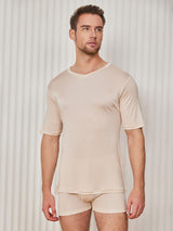 [Beige] SilkSilky-DE Kurzärmelig V Ausschnitt Herren T-Shirt 003