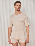 SilkSilky-DE Seidenstrick Kurzärmelig V Ausschnitt Herren T-Shirt Beige 003