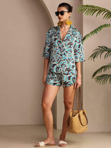 [Teal Botanisch] SilkSilky-DE Short Sleeve Notch Collar Damen Pyjamas 005