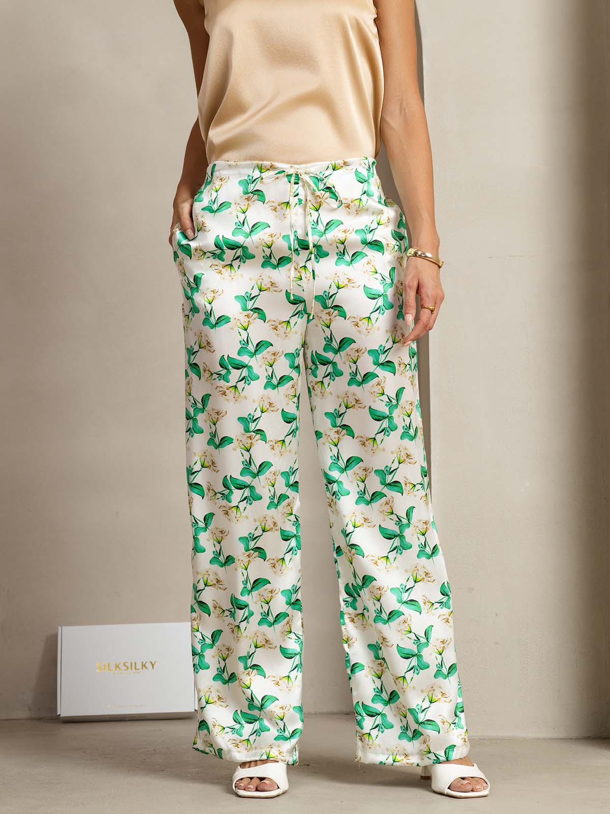 [Grün Blumen] SilkSilky-DE 19Momme Seide Womens Pants 003