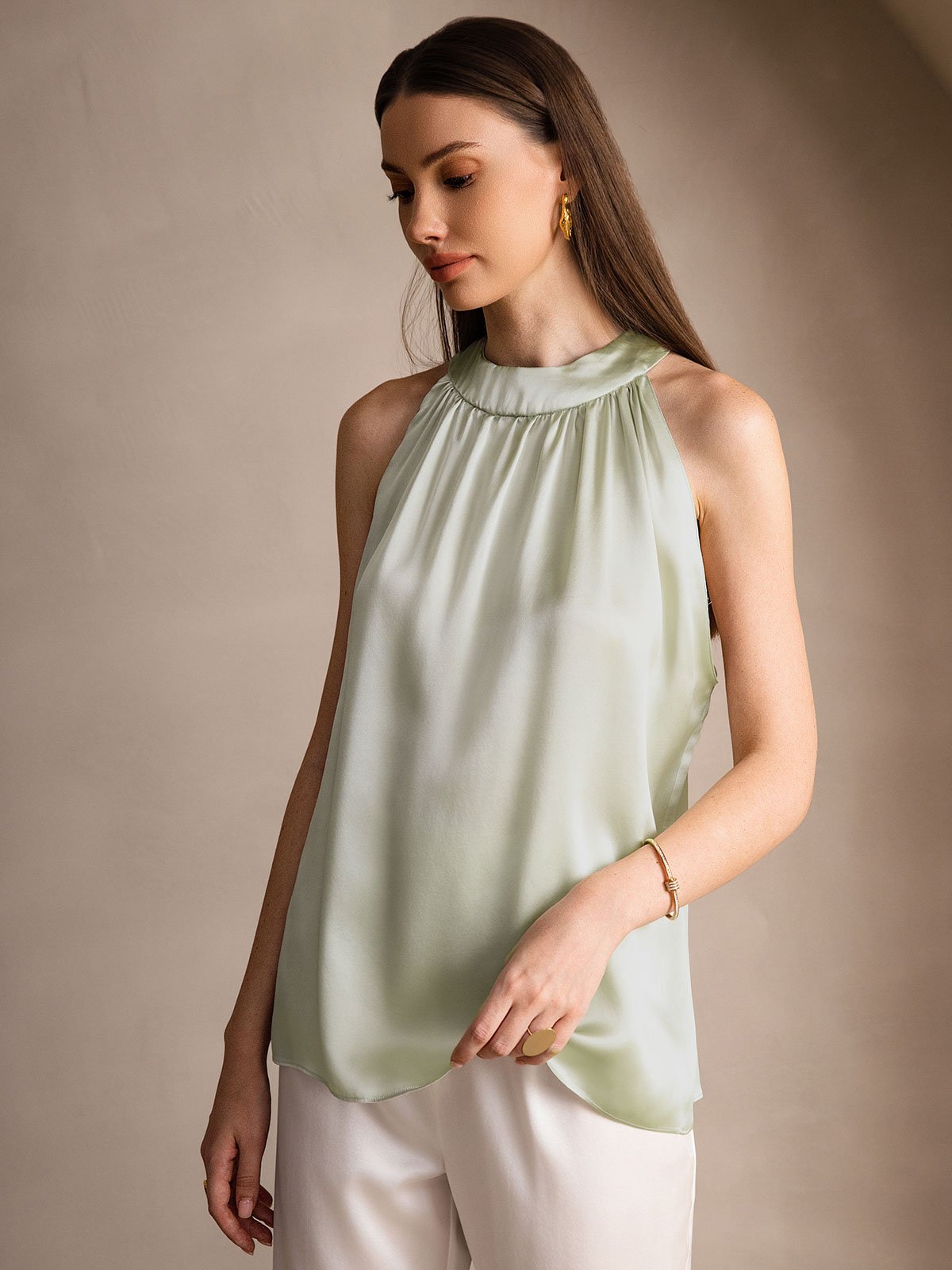 [Hellgrün] SilkSilky-DE 19Momme Seide Womens T-Shirt 004